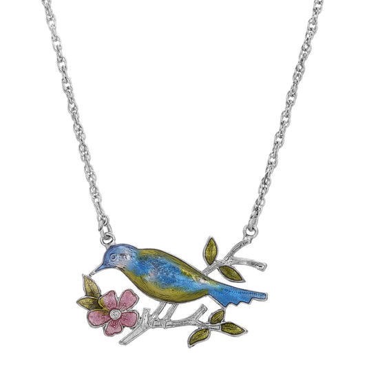 1928 Jewelry Enameled Perched Bird Pendant Necklace 18"